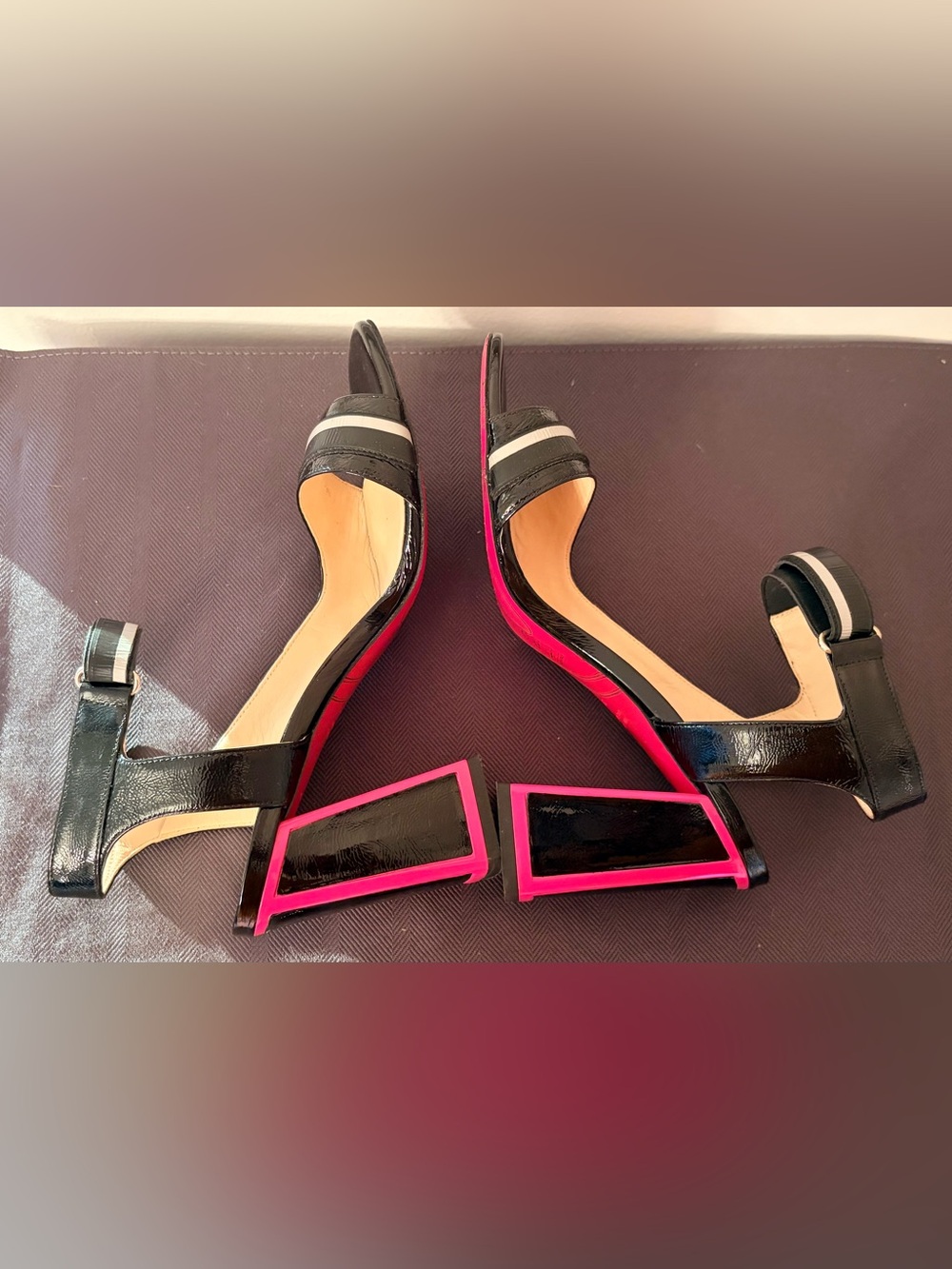 PINKO RAME Patent Leather Block High Heels In Fuchsia And Black Womens EU 39 - Picture 10 of 15